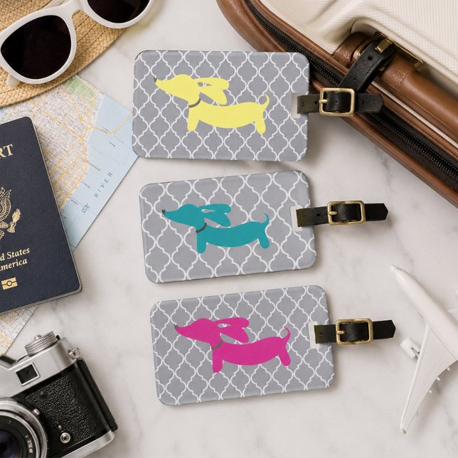 Étiquette À Bagage Étiquette de bagage Dachshund bleu et gris (Wiener dog luggage tag)
