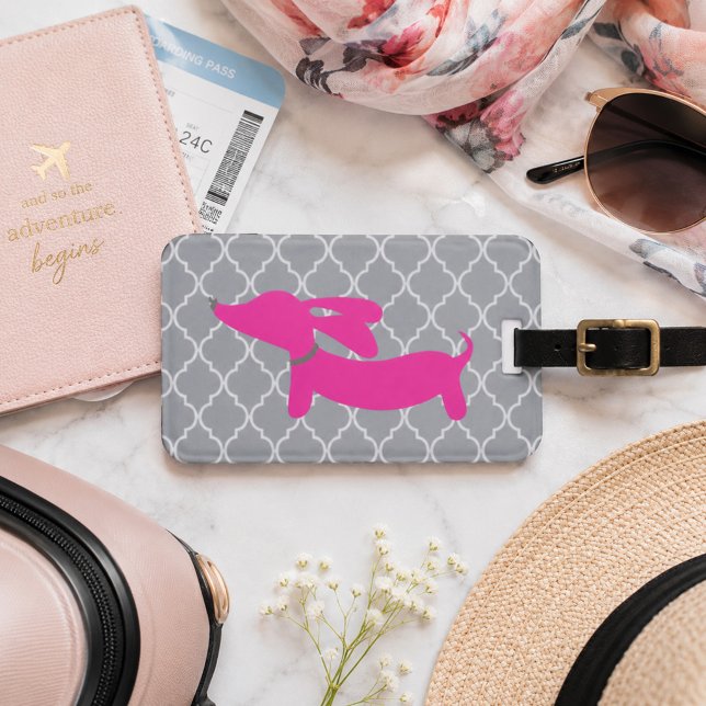 Étiquette À Bagage Étiquette de bagage Dachshund rose et gris (Wiener dog luggage tag pink and gray)