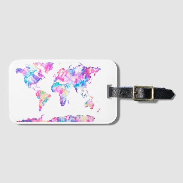 Étiquette À Bagage Étiquette de bagage de carte du monde d'aquarelle (Devant Horizontal)