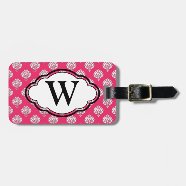 Étiquette À Bagage Étiquette de bagage de monogramme - damassé rose (Devant horizontal)