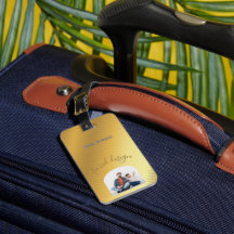 Étiquette de bagage dégradé or luxe avec photo et