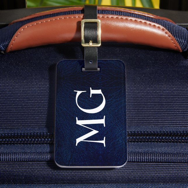 Étiquette À Bagage Étiquette de bagage en faux cuir Navy Monogramme (Insitu Rectoal 2)