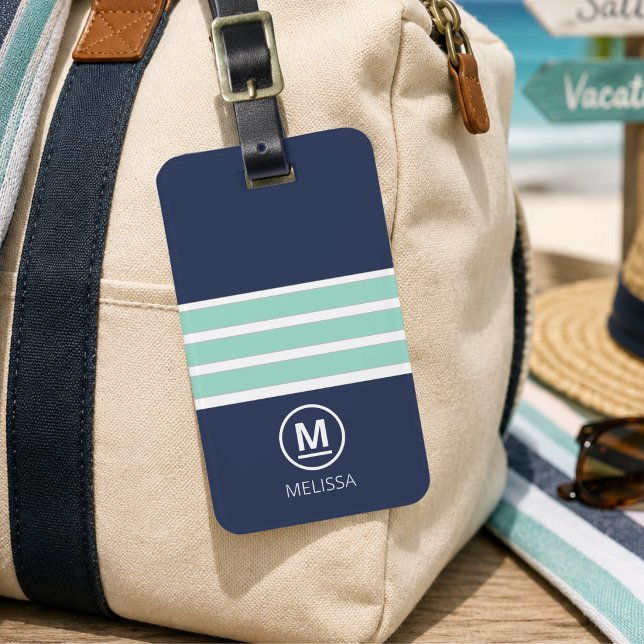 Étiquette À Bagage Étiquette de bagage Été côtier Navy Mint Monogramm (Créateur téléchargé)