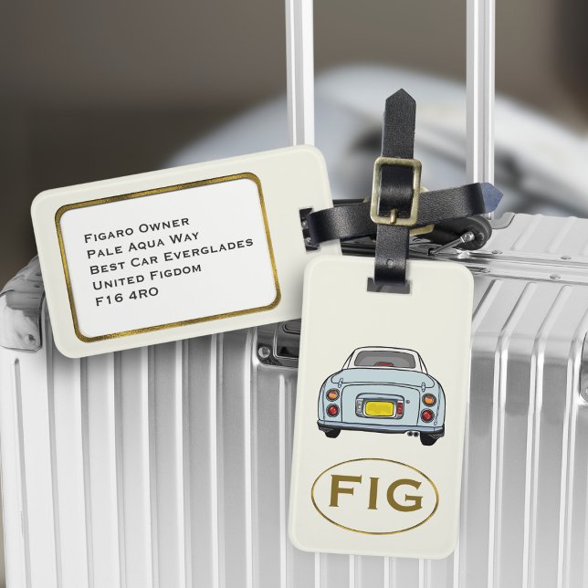 Étiquette À Bagage Étiquette de bagage Figaro Figarations Monogramme  (Fun blue figgy luggage tag for your road trip adventures. Just add your initials & address details)