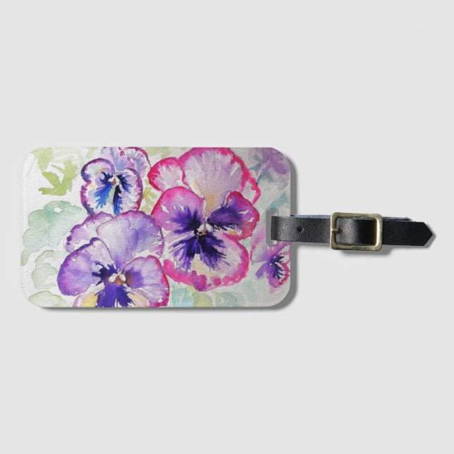 Étiquette À Bagage Étiquette de bagage fleur de pensée violette aquar (Devant Horizontal)