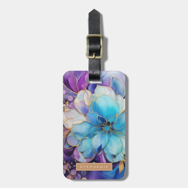 Étiquette À Bagage Étiquette de bagage fleur or et bleu (Devant Vertical)
