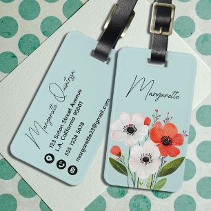 Étiquette À Bagage Étiquette de bagage Fleurs aquarelles rouges et bl