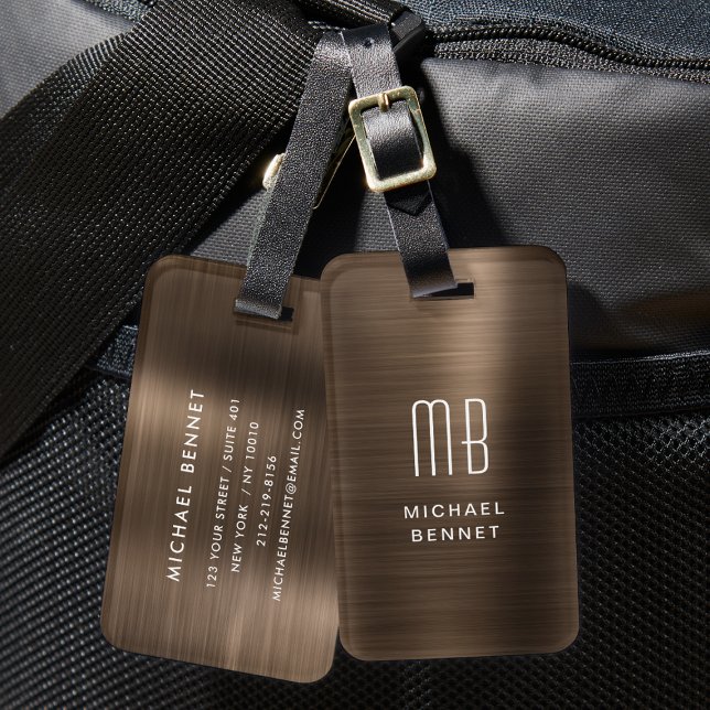 Étiquette À Bagage Étiquette de bagage métallisée bronze marron Monog (Monogram Bronze Brown Metallic Luggage Tag)