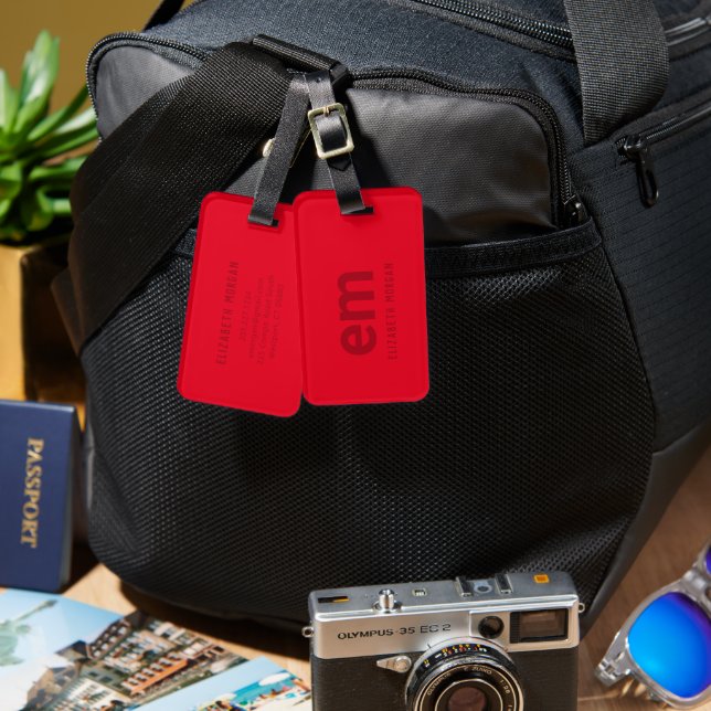 Étiquette À Bagage Étiquette de bagage moderne minimale rouge avec mo (Recto & Verso)