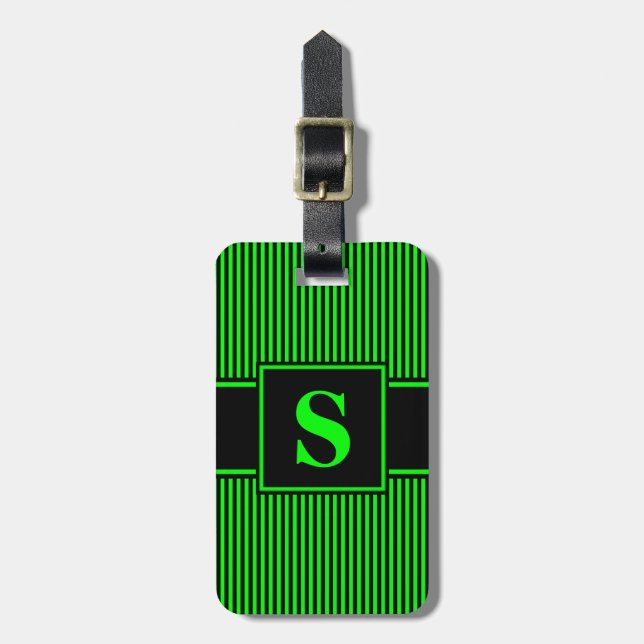 Étiquette À Bagage Étiquette de bagage Monogram vert citron et rayure (Devant Vertical)