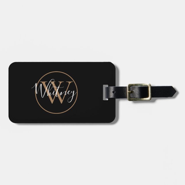 Étiquette À Bagage Étiquette de bagage monogramme noir et or Nom de s (Devant horizontal)