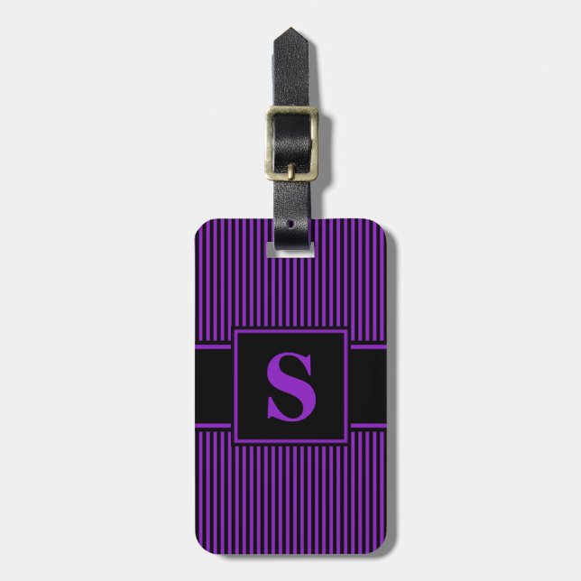 Étiquette À Bagage Étiquette de bagage Monogramme rayure noire violet (Devant Vertical)