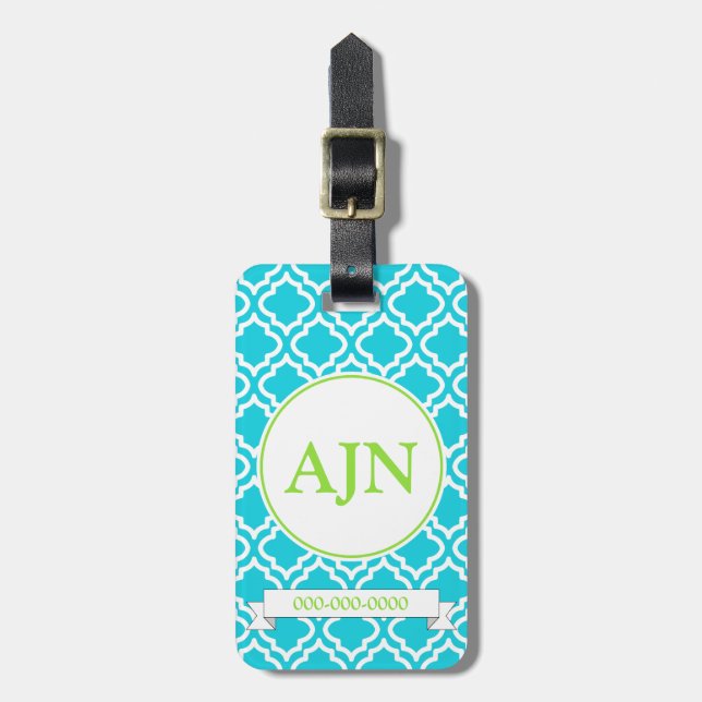 Étiquette À Bagage Étiquette de bagage Monogramme Turquoise (Devant Vertical)