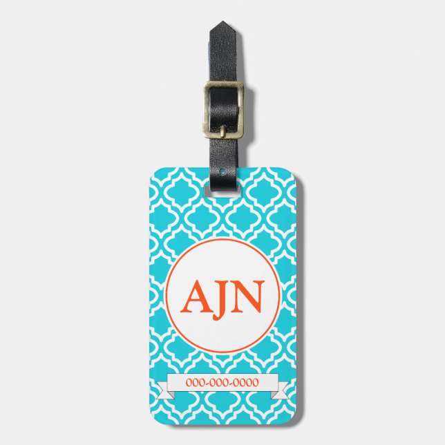 Étiquette À Bagage Étiquette de bagage monogramme turquoise orange (Devant Vertical)