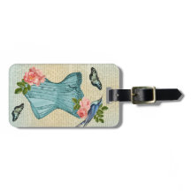 Étiquette de bagage oiseau, fleur et papillon vint