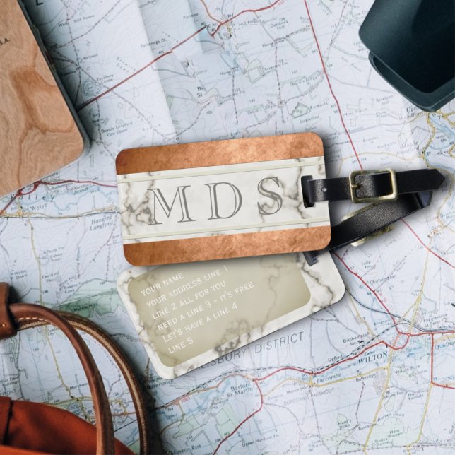 Étiquette À Bagage Étiquette de bagage rayée avec monogramme en marbr (Créateur téléchargé)