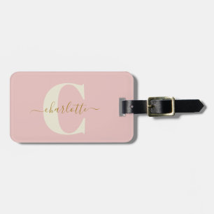 Étiquette À Bagage Étiquette de bagage rose poudré et monogramme or p