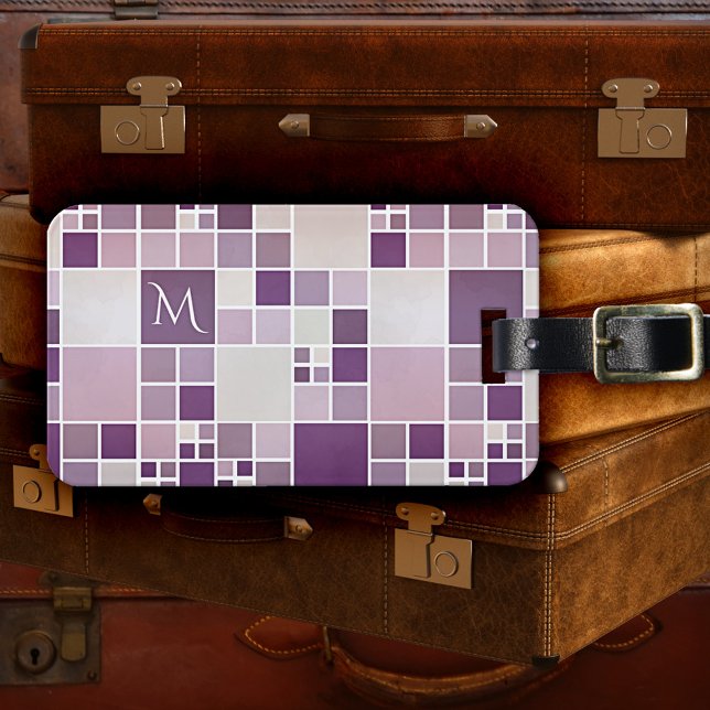 Étiquette À Bagage Étiquette de la nuance violette Motif Monogramme (Luggage tag featuring a checkered design with a subtle watercolor effect in mauve, purple and lilac )