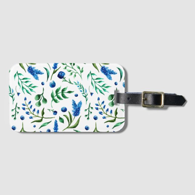 Étiquette À Bagage Étiquette florale bleue de bagage de l'aquarelle (Devant Horizontal)