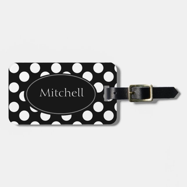 Étiquette À Bagage Étiquette noire et blanche personnalisée de bagage (Devant horizontal)