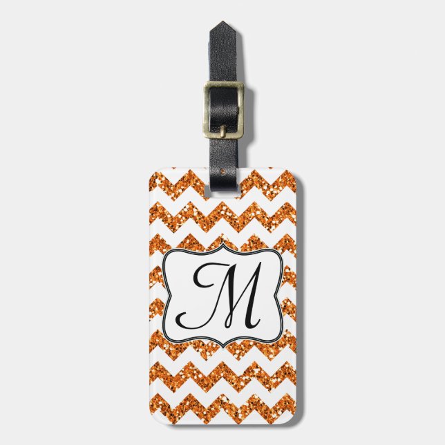 Étiquette À Bagage Étiquette orange moderne de bagage de monogramme (Devant Vertical)
