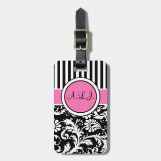 Étiquette À Bagage Étiquette rayée noire, blanche, rose de bagage de