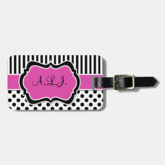 Étiquette À Bagage Étiquette rayée rose, noire, blanche de bagage de