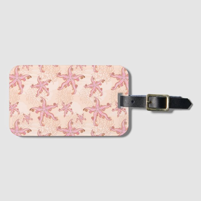 Étiquette À Bagage Étoiles de mer et motif pastel rose corail (Devant Horizontal)