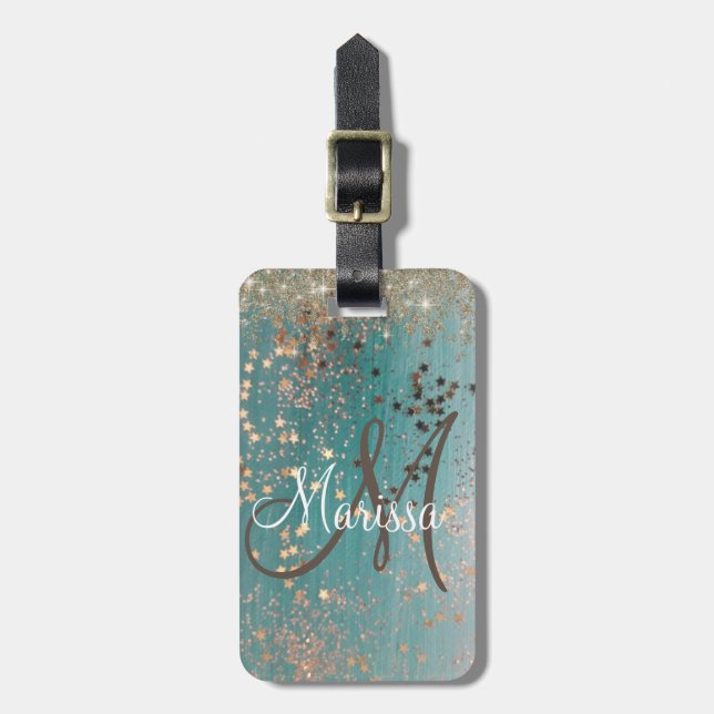 Étiquette À Bagage Étoiles de Parties scintillant Monogramme sur Turq (Devant Vertical)