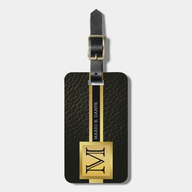 Étiquette À Bagage Executive Black Leather & Gold Metal monogrammed (Devant Vertical)