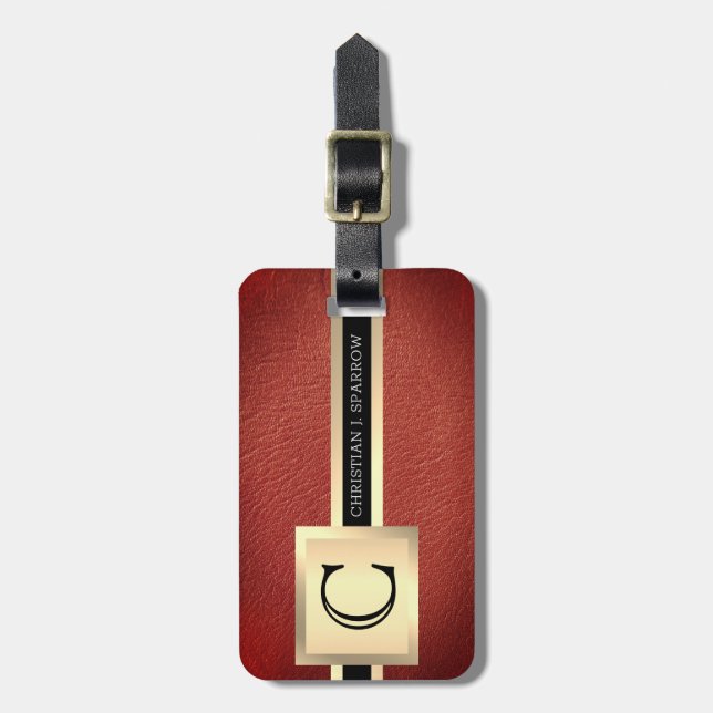 Étiquette À Bagage Executive Red Leather & Gold Metal monogrammed (Devant Vertical)