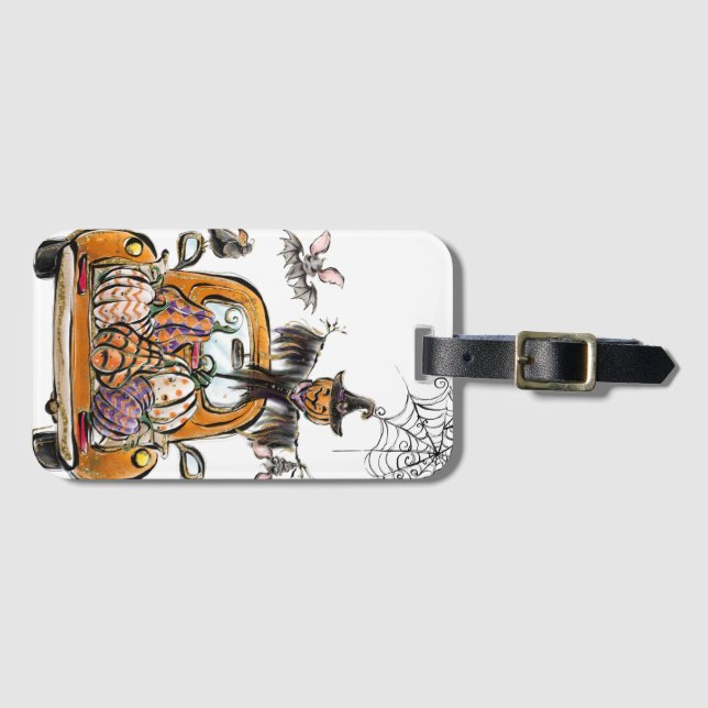 Étiquette À Bagage Fall Pumpkin Patch Truck with bats scarecrow bird  (Devant Horizontal)