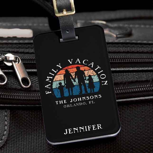 Étiquette À Bagage Famille Vacances Holding Mains Rétro Soleil Noir (Family Vacation Holding Hands Retro Sun Black Luggage Tag
)