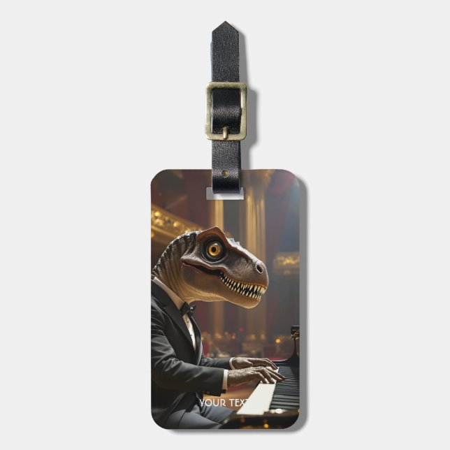 Étiquette À Bagage Fantasy Cute T-rex Playing Piano (Devant Vertical)