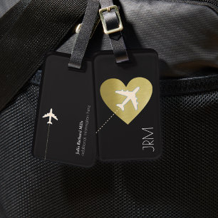Étiquette À Bagage Faux Gold Heart Love Avion Tavel