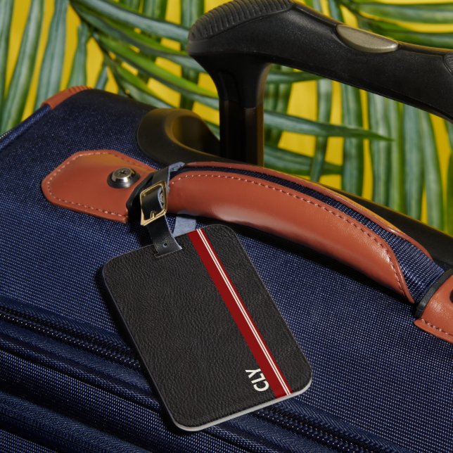 Étiquette À Bagage Faux Noir Cuir Monogramme Rouge foncé Barre (Insitu Rectoal 1)