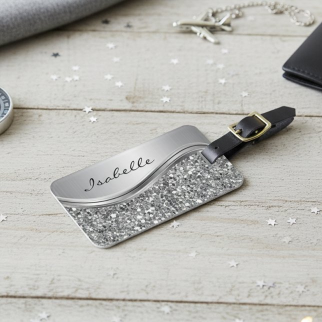 Étiquette À Bagage Faux Parties scintillant en argent Glam Bling Méta (Créateur téléchargé)