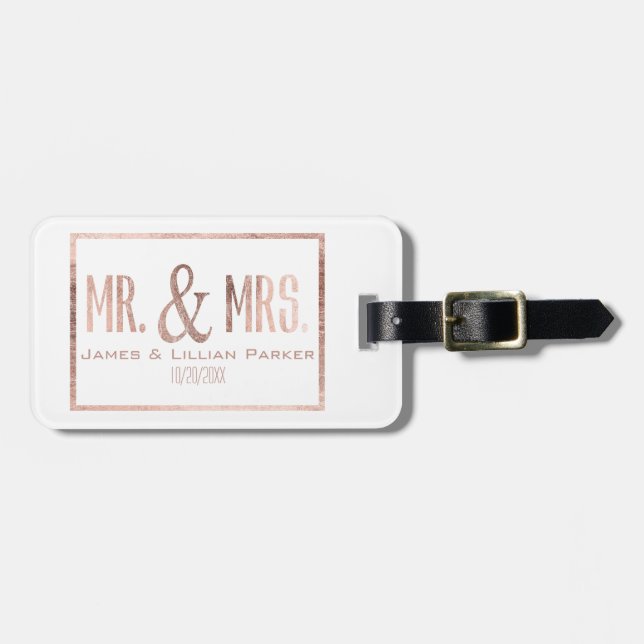 Étiquette À Bagage Faux Rose Gold M. et Mme Monogram Mariage (Devant horizontal)