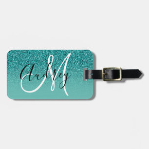 Étiquette À Bagage Faux Turquoise Parties scintillant Ombre Monogramm