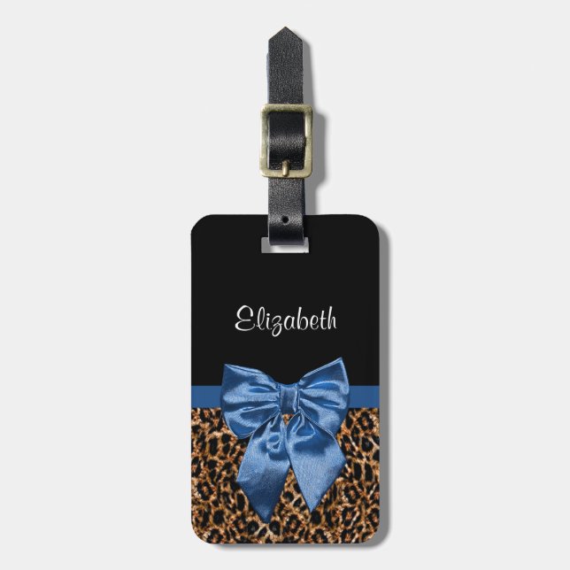 Étiquette À Bagage Feminine Empreinte de léopard Elegant Blue Bow et  (Devant Vertical)