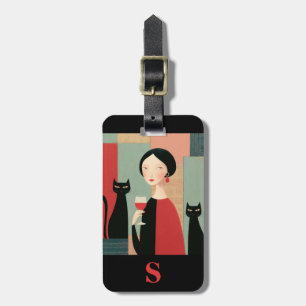 Étiquette À Bagage Femme Élégante Chats Noirs et Vin Monogramme