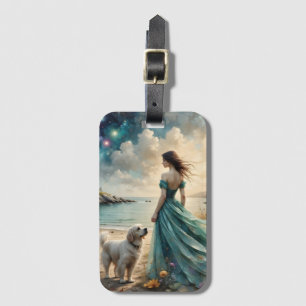 Étiquette À Bagage Femme en robe bleue sur la plage avec chien