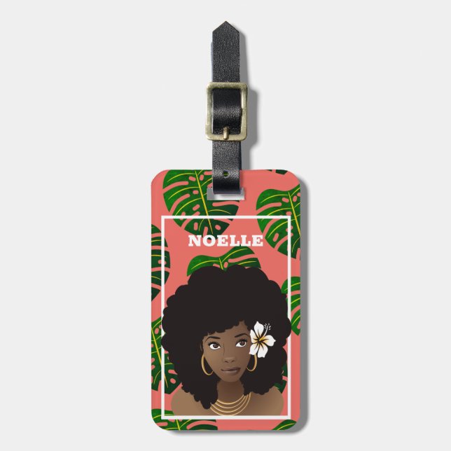 Étiquette À Bagage Femme noire avec fleur, Feuilles verts tropicaux,  (Devant Vertical)