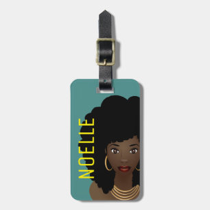 Étiquette À Bagage Femme noire, Texte jaune, Vert Turquoise
