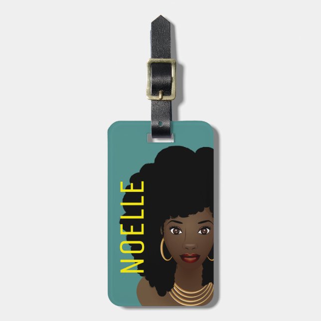 Étiquette À Bagage Femme noire, Texte jaune, Vert Turquoise (Devant Vertical)