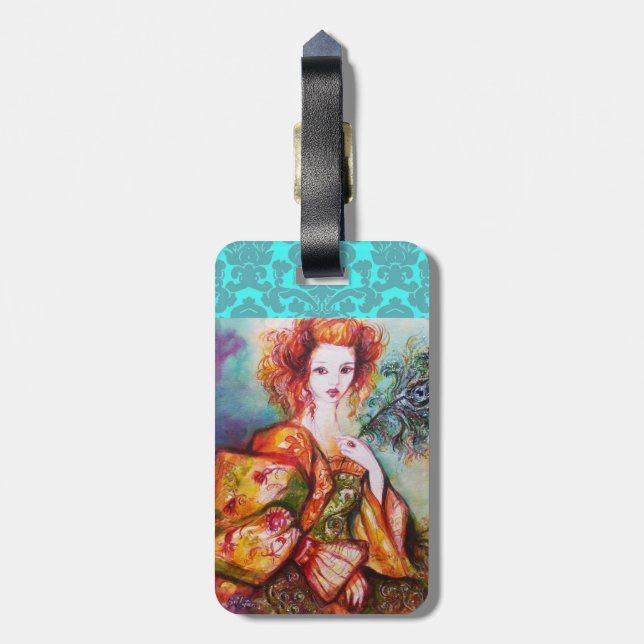 ÉTIQUETTE À BAGAGE FEMME ROMANTIQUE AVEC PEACOCK FEATHER DAMASK MONOG (Dos Vertical)