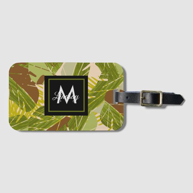 Étiquette À Bagage Feuille marron de verdure de jungle dessinée à la  (Devant Horizontal)