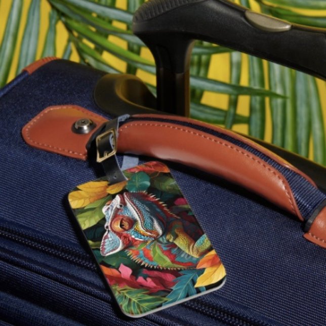 Étiquette À Bagage Feuilles de lézard & couleur (Colourful Lizard Tropical Jungle Art  single-sided w Card Slot, weatherproof, leather strap included)