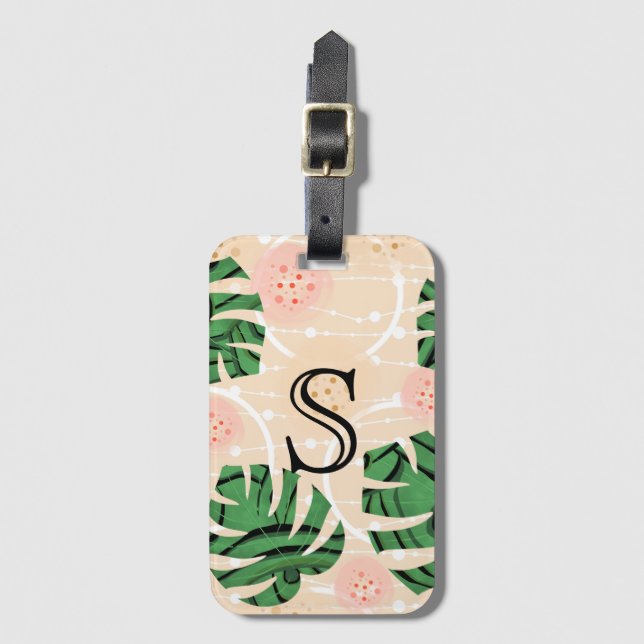 Étiquette À Bagage Feuilles de Monstera sur fond rose.  (Devant Vertical)