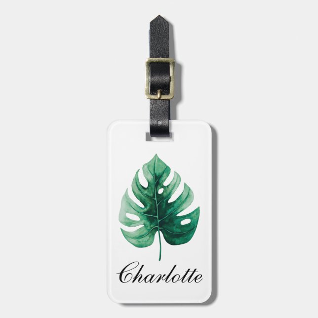 Étiquette À Bagage Feuilles de monstère vert tropicale Aquarelle tend (Devant Vertical)